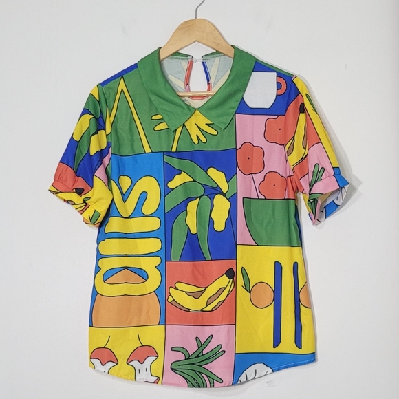 Tops - Pop Art Multicolored Abstract Prints Short Sleeve Lightweight Blouse Size Small